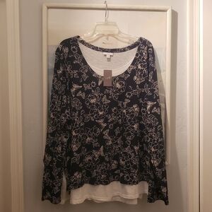 New J. Jill Top Shirt Women's 4XL Blue White Floral  Layered Look Long Sleeves